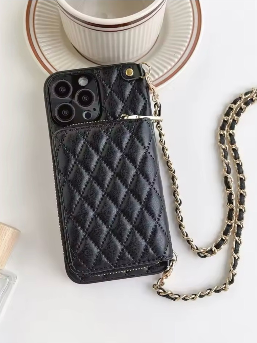 iPhone 15 Pro Max Phone Case - Black Quilted Crossbody with Gold Chain Strap